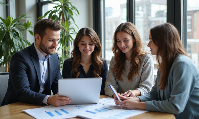 Happy investor reviewing financial charts on laptop