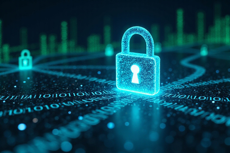 Data security illustration showing encrypted data transfer